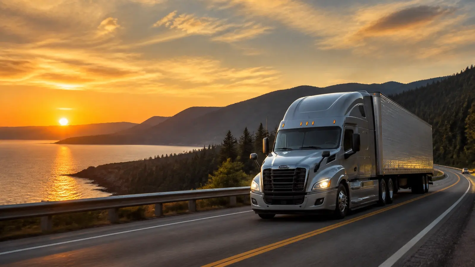 Truck moving through open country at sunset